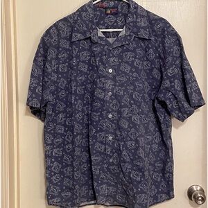 Roundy Bay‎ Men Button Up Shirt XL Blue Fish Geometric Hawaiian fun casual